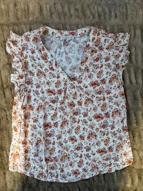 White V-Neck Flutter Sleeve Floral Blouse